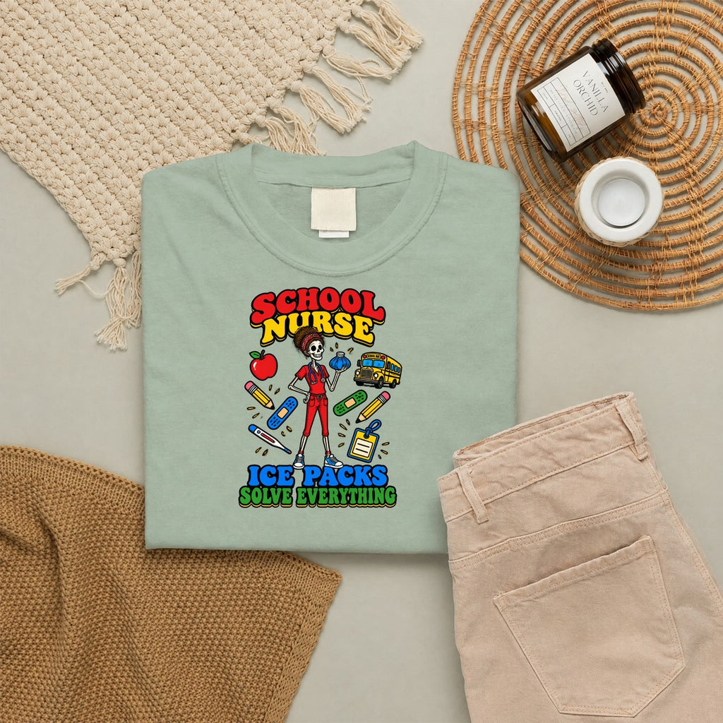 School Nurse Ice Packs Solve Everything Skinny Skeleton Comfort Colors T-Shirt folded