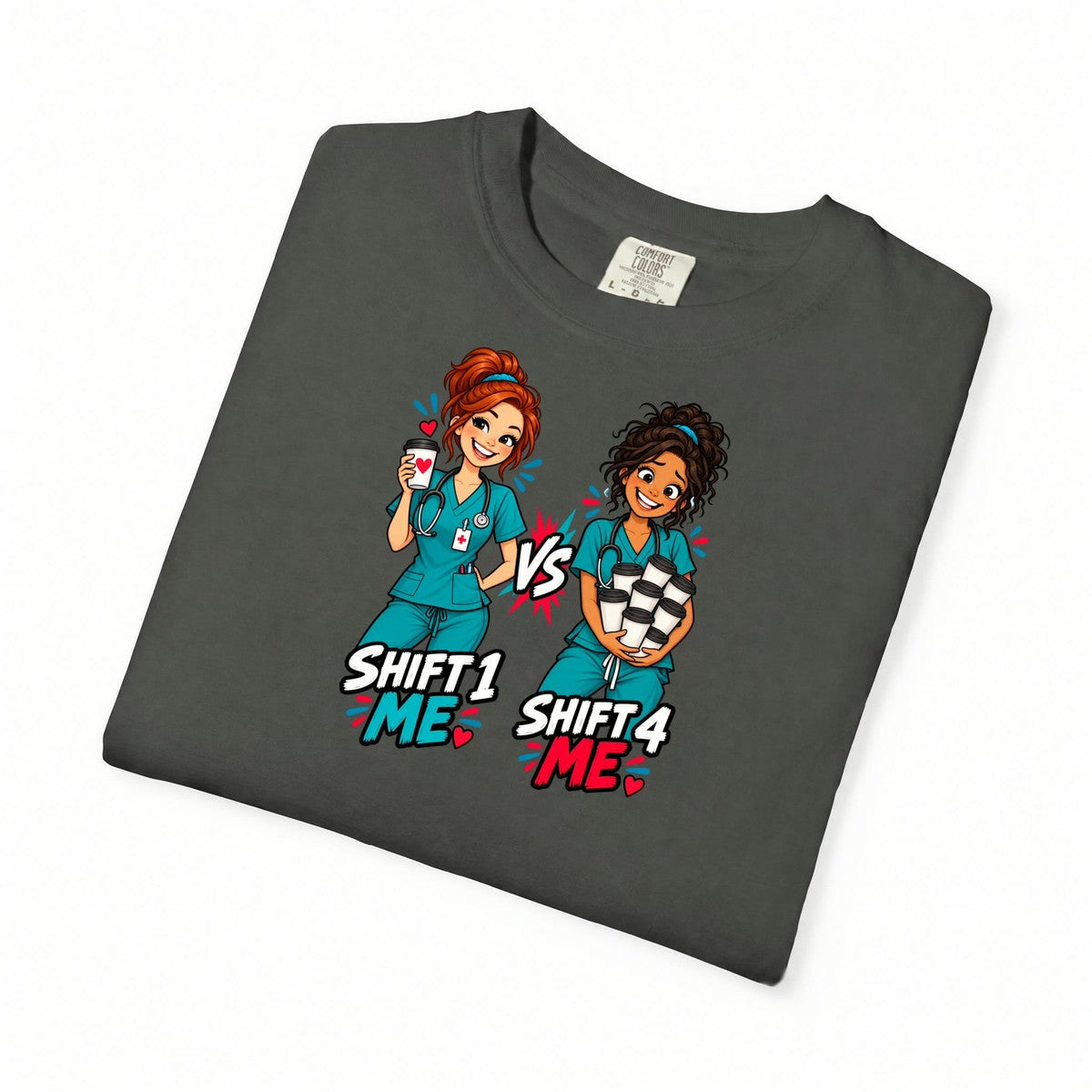 Shift 1 Me vs Shift 4 Me Nurse Tee (Red Ponytail)