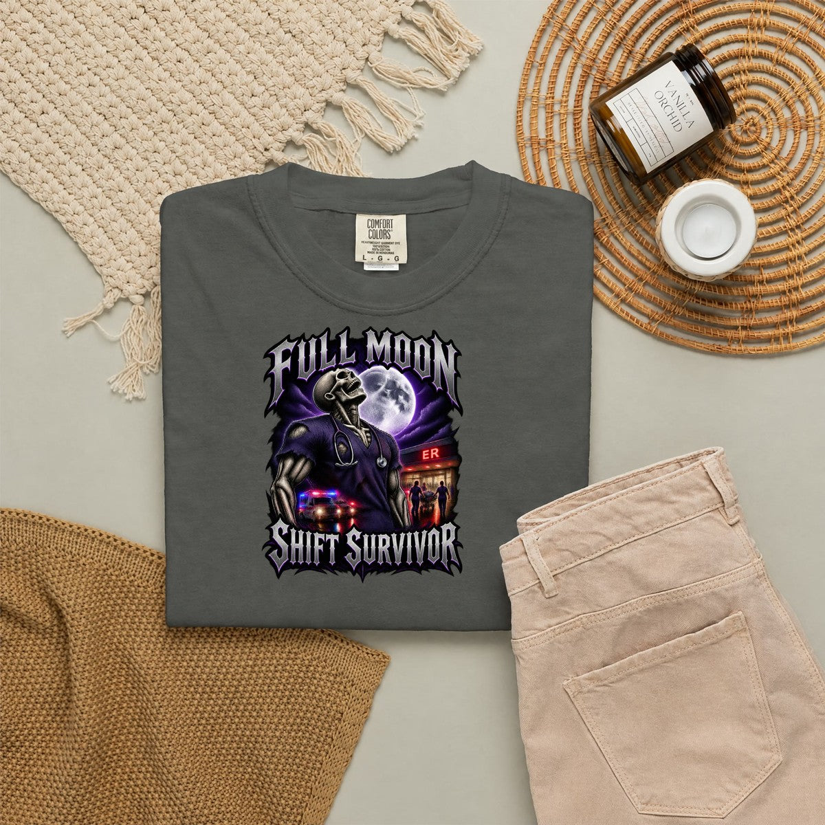 Full Moon Shift Survivor Skeleton ER Nurse Comfort Colors T-Shirt folded
