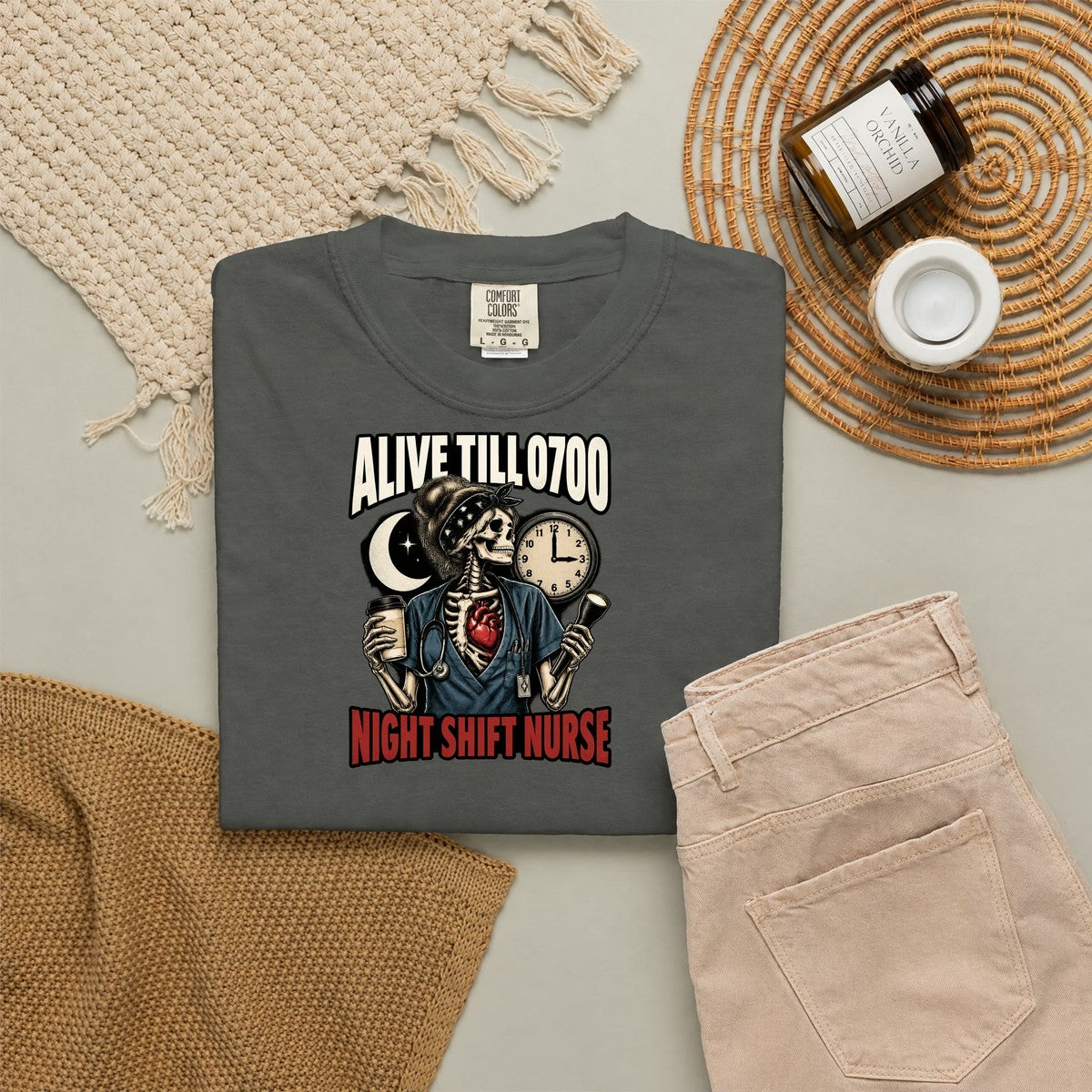 Alive Till 0700 Night Shift Skeleton Nurse Comfort Colors T-Shirt folded