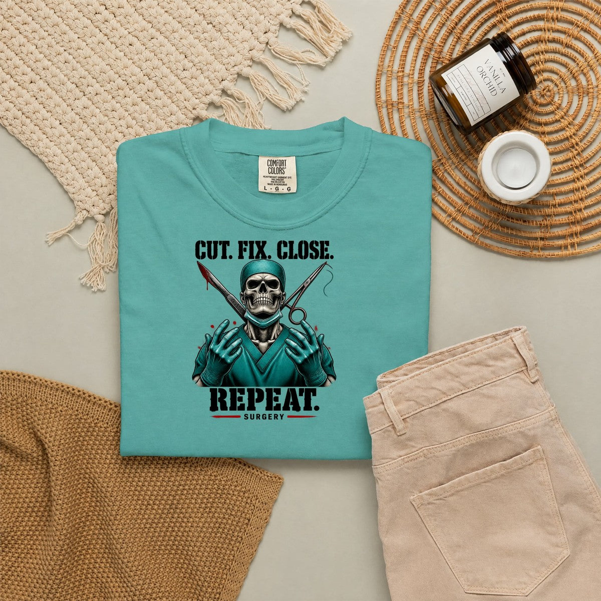 Cut Fix Close Repeat Surgeon Skeleton Doctor Comfort Colors T-Shirt folded