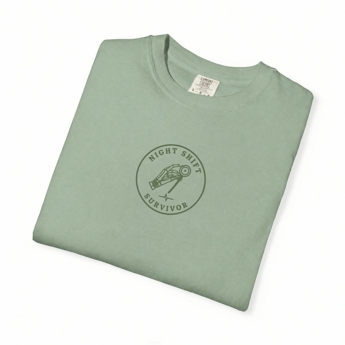 Night Shift Survivor Minimal Badge Skeleton Nurse Comfort Colors T-Shirt folded