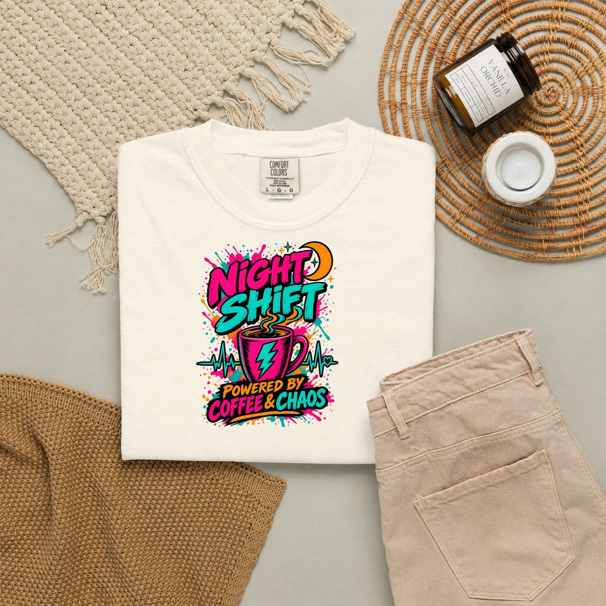Night Shift Powered by Coffee and Chaos Nurse Comfort Colors T-Shirt folded