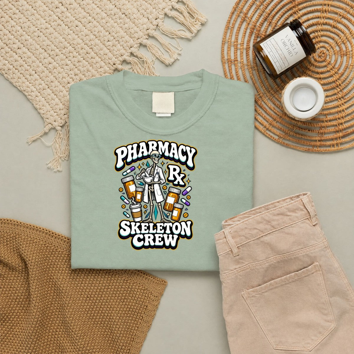Pharmacy Skeleton Crew Skinny Skeleton Pharmacist Comfort Colors T-Shirt folded