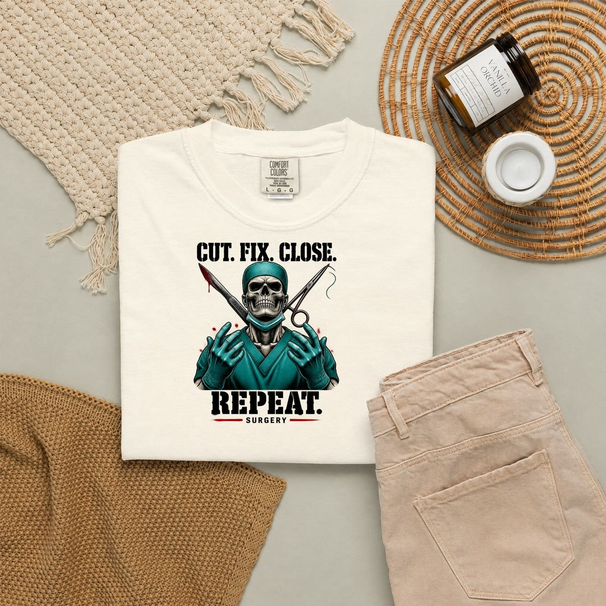 Cut Fix Close Repeat Surgeon Skeleton Doctor Comfort Colors T-Shirt folded