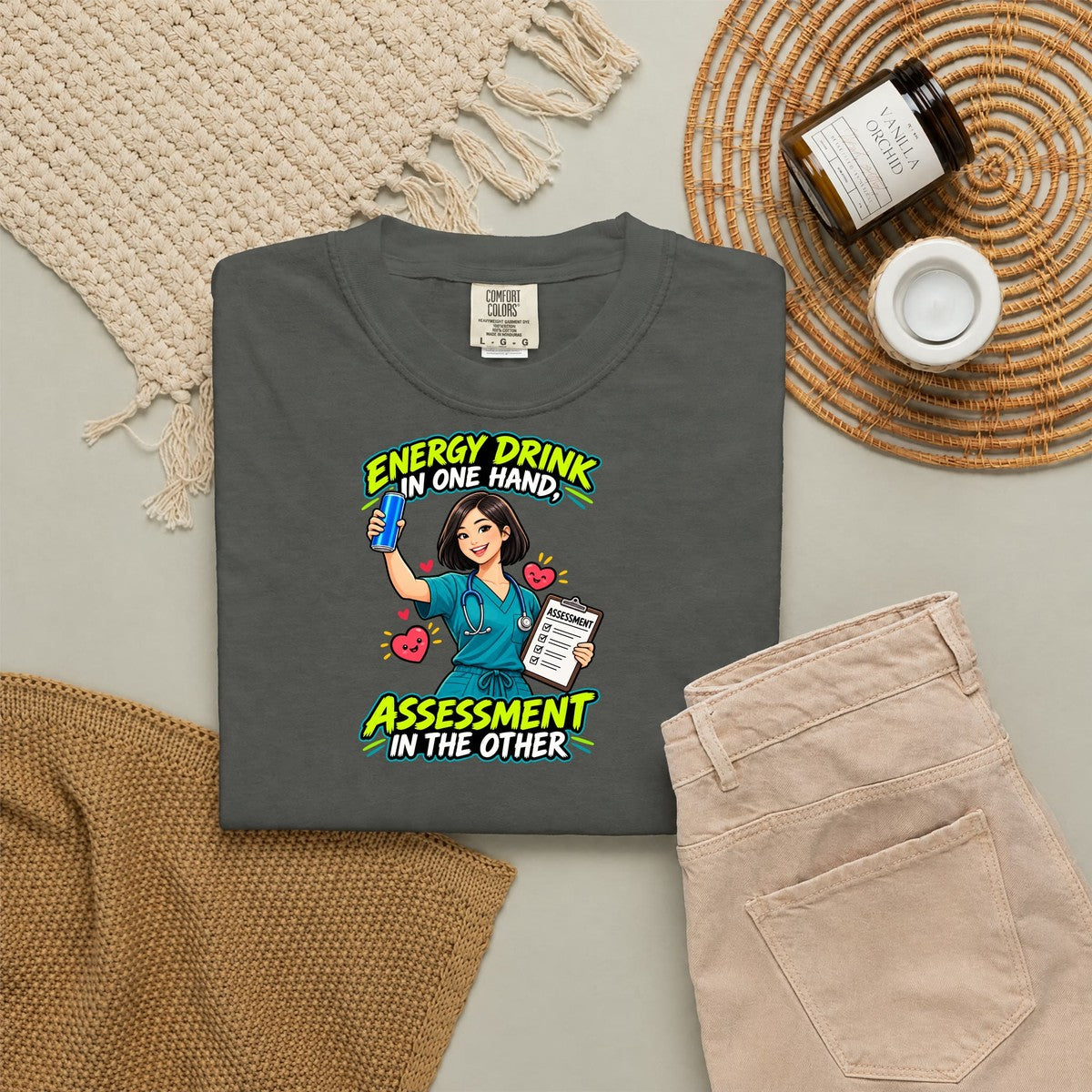 Energy Drink in One Hand Assessment in the Other Nurse Tee (Sleek Bob)