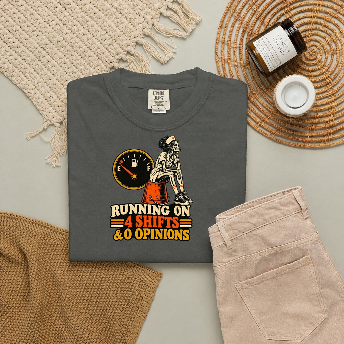 Running on 4 Shifts and 0 Opinions Skeleton Nurse Comfort Colors T-Shirt folded