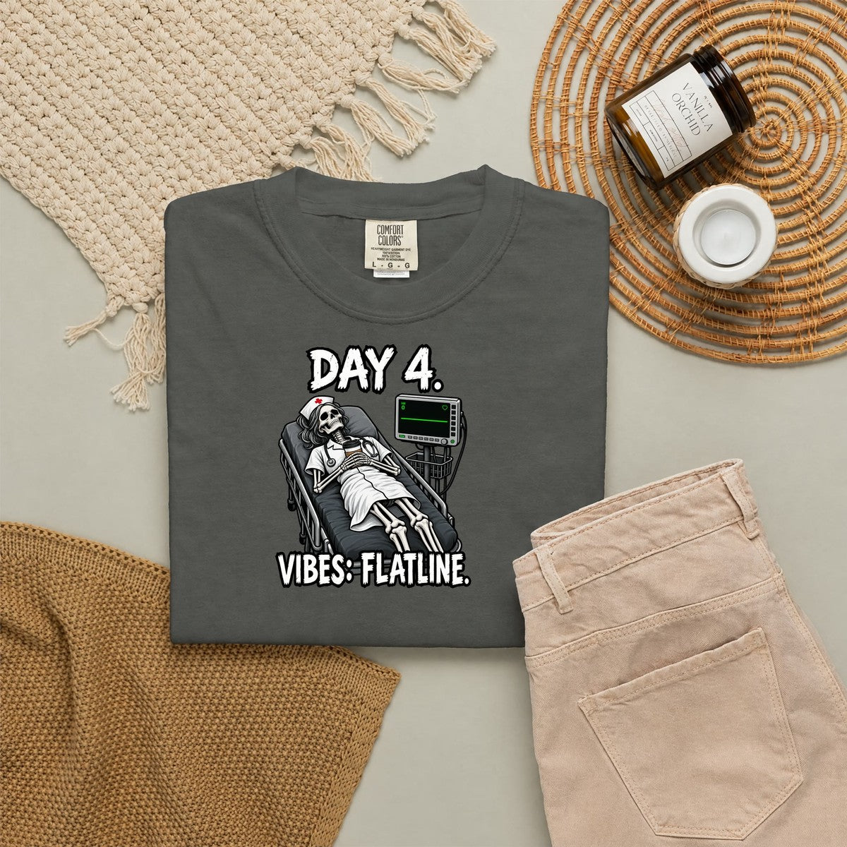 Day 4 Vibes Flatline Skeleton Nurse Comfort Colors T-Shirt folded