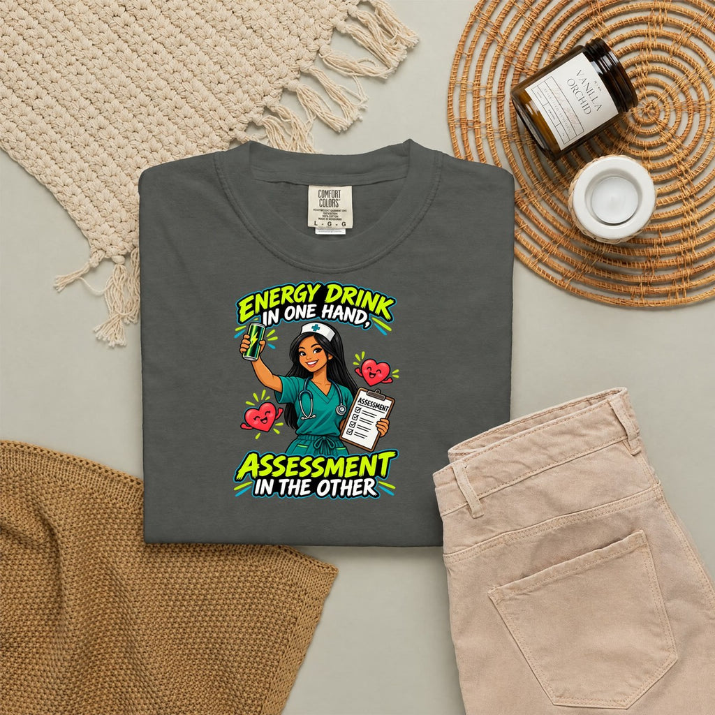 Energy Drink in One Hand Assessment in the Other Nurse Tee (Long Hair)