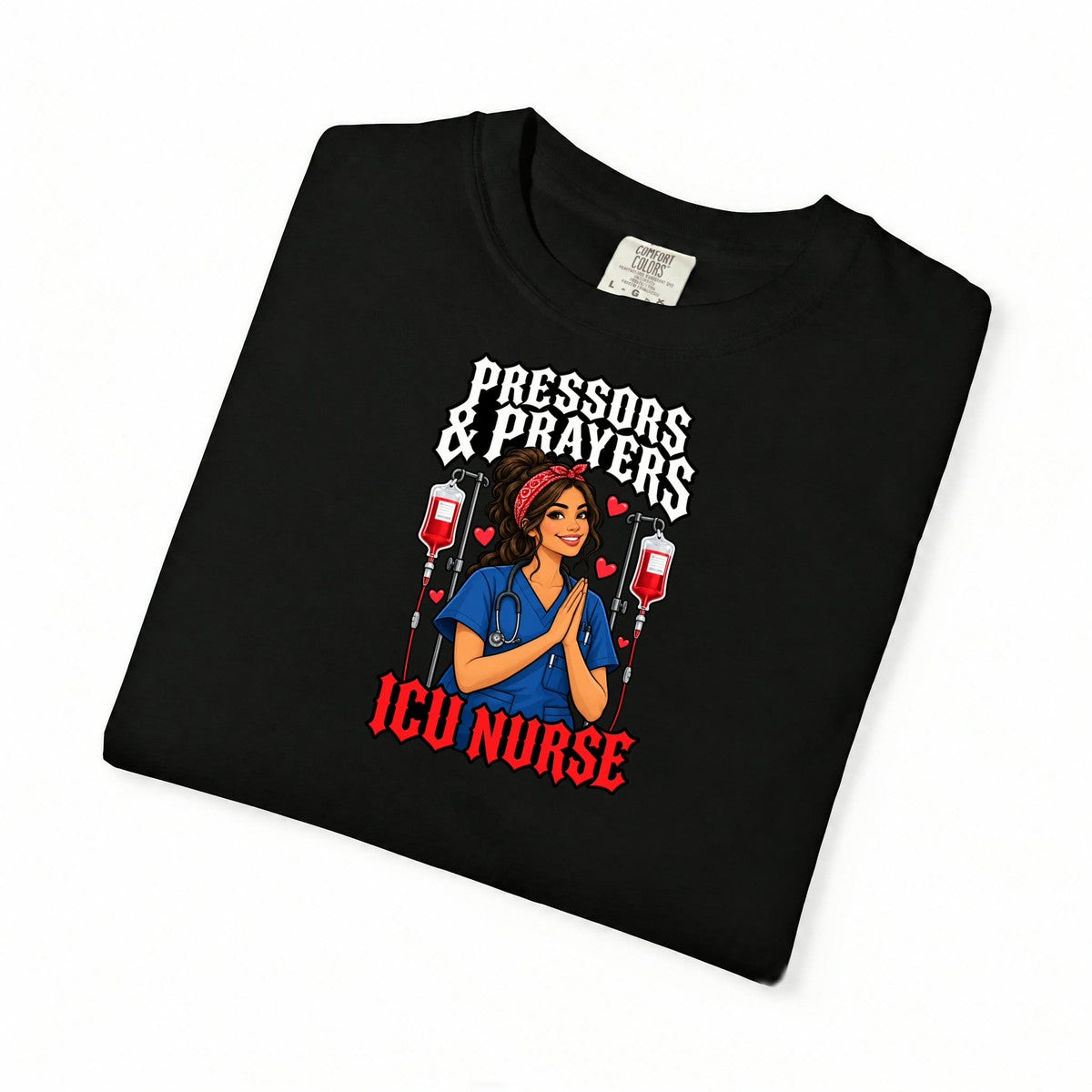 Pressors and Prayers ICU Nurse Tee (Long Waves)