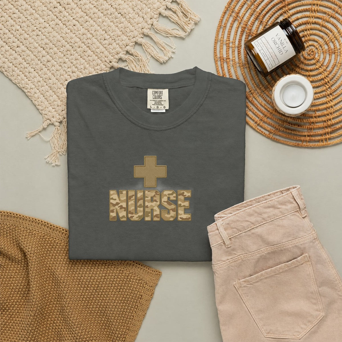 Nurse Desert Tan Camo Comfort Colors T-Shirt folded