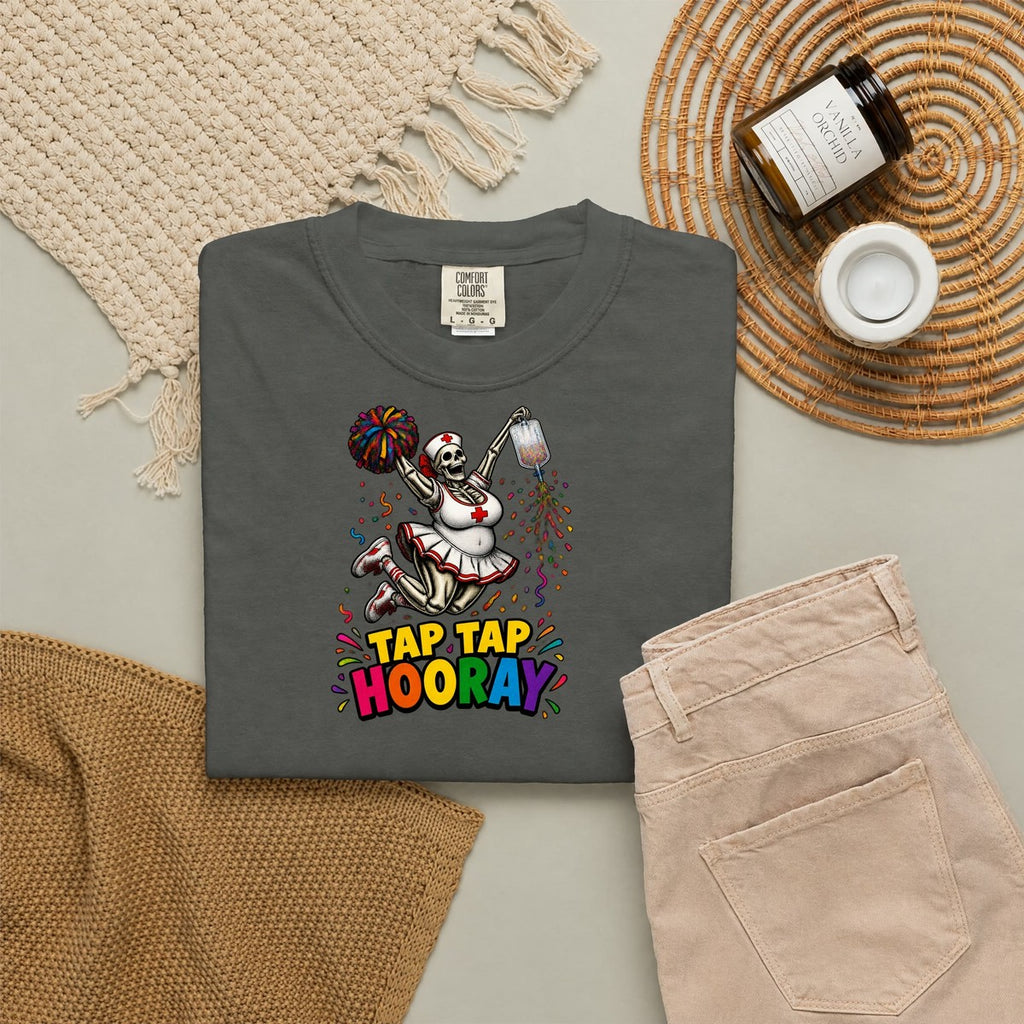 Tap Tap Hooray Skeleton Nurse Comfort Colors T-Shirt folded