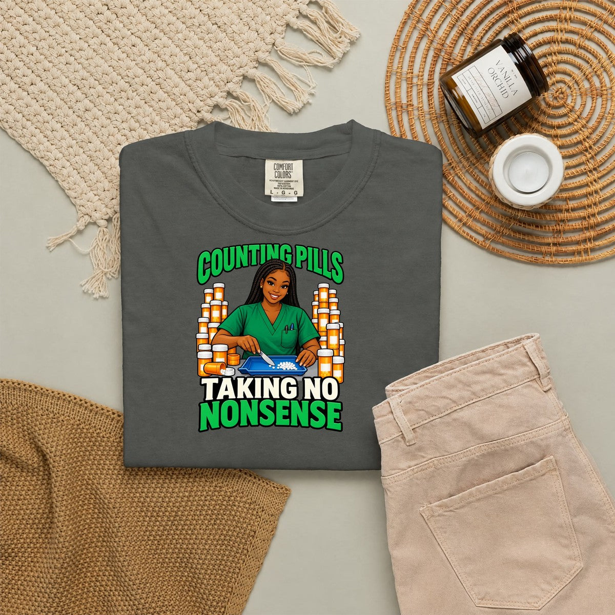 Counting Pills Taking No Nonsense Women's Pharmacy Tee