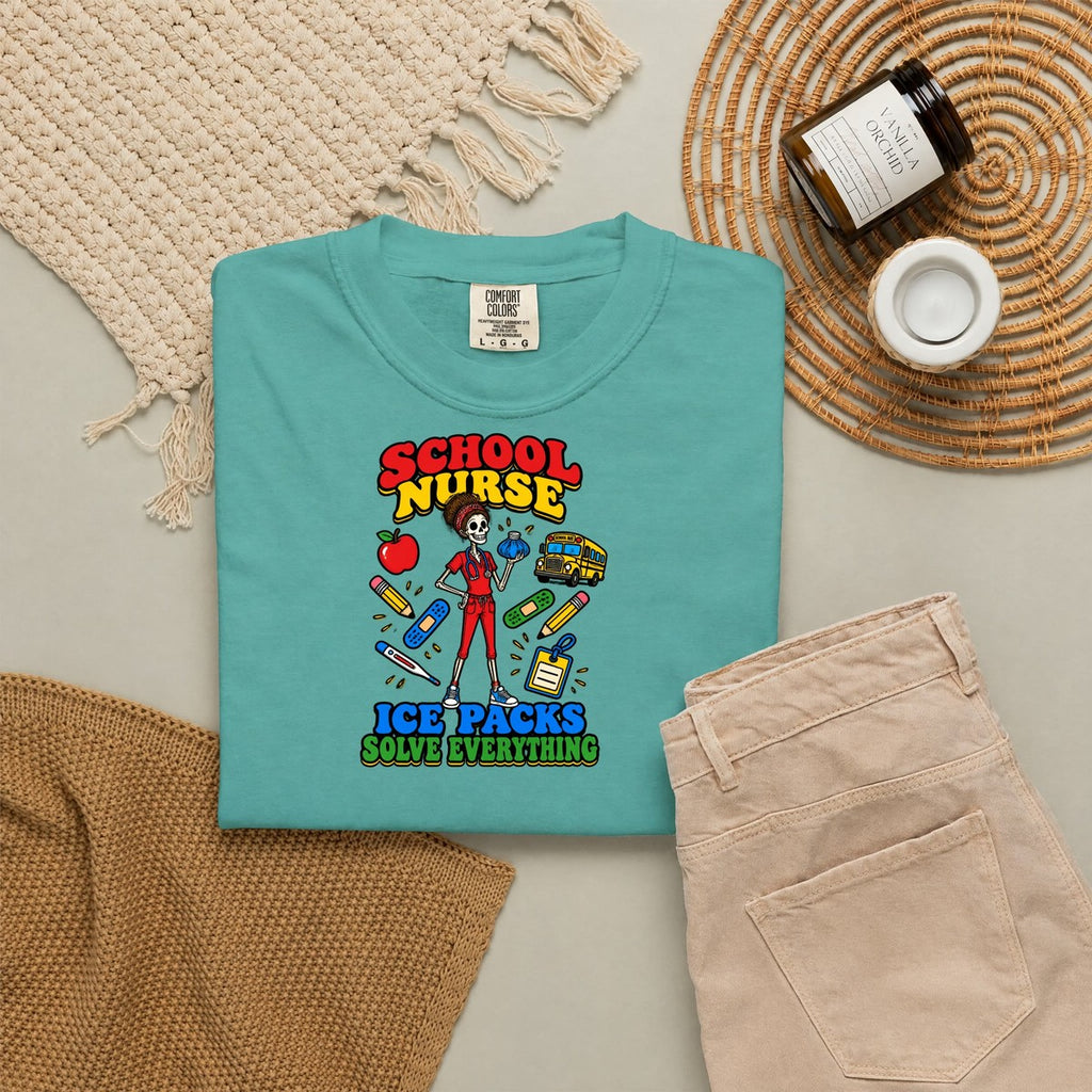 School Nurse Ice Packs Solve Everything Skinny Skeleton Comfort Colors T-Shirt folded