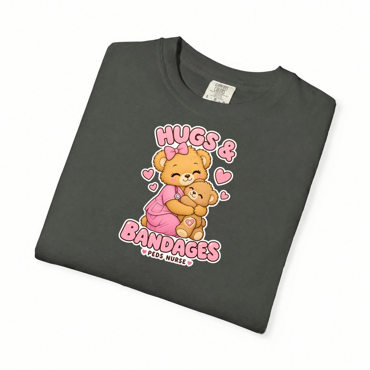 Hugs and Bandages Teddy Bear Peds Nurse Pink Comfort Colors T-Shirt folded