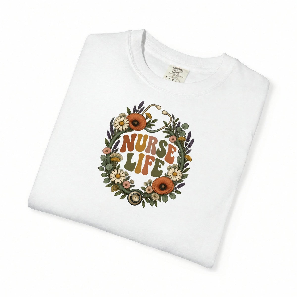 Boho Wildflower Stethoscope Nurse Life Comfort Colors T-Shirt folded