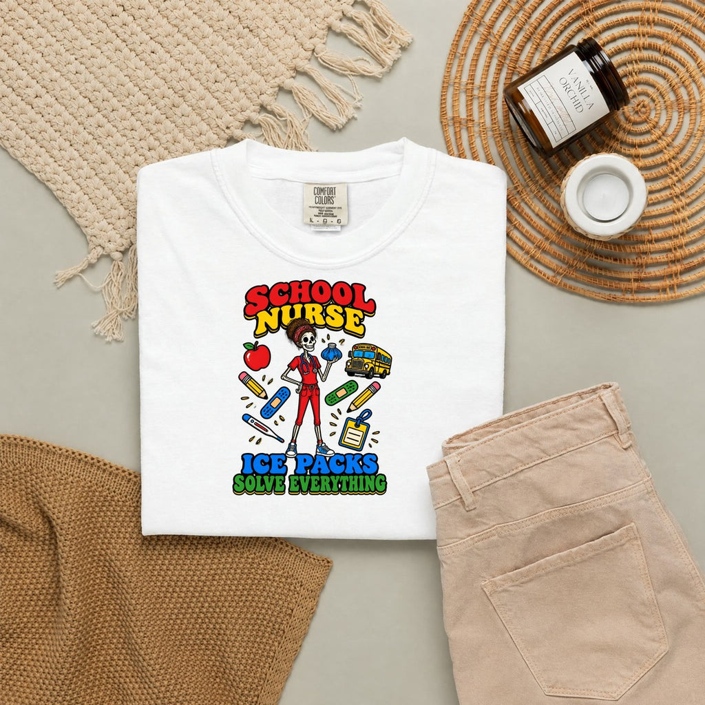 School Nurse Ice Packs Solve Everything Skinny Skeleton Comfort Colors T-Shirt folded