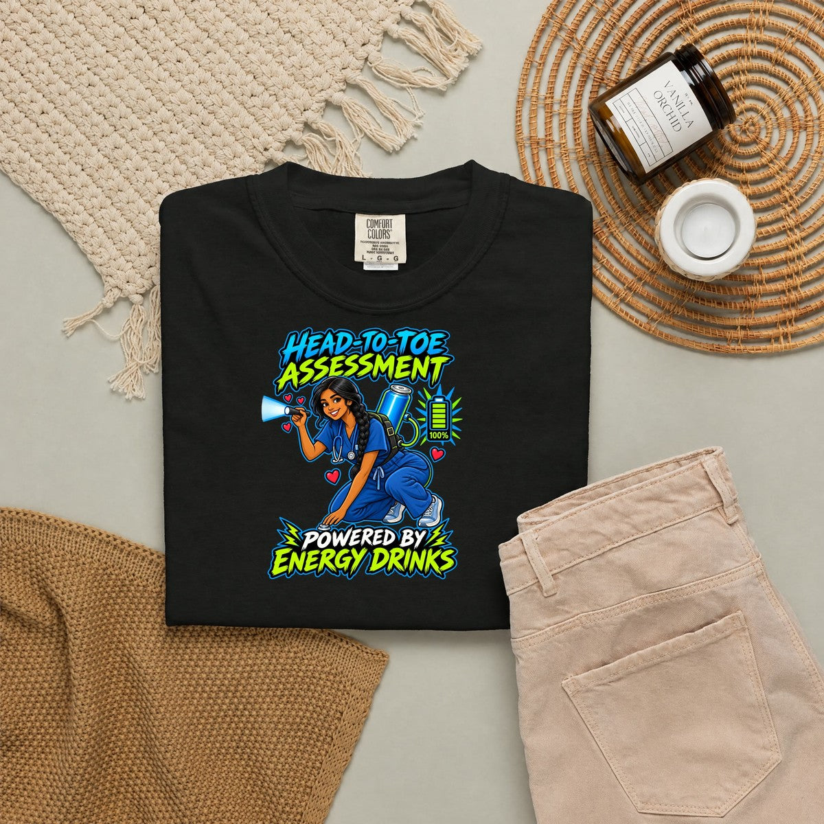 Head-to-Toe Assessment Powered by Energy Drinks Nurse Tee (Long Braid)