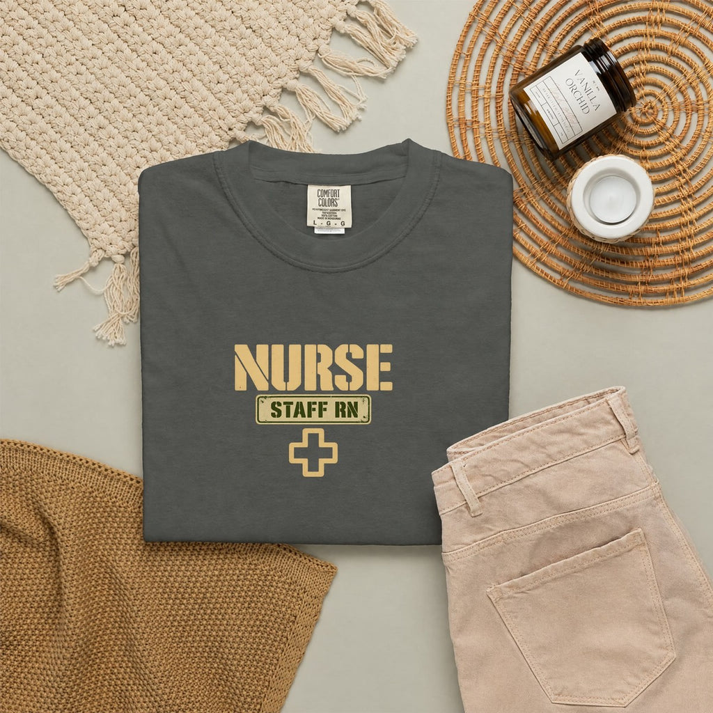 Nurse Military Stencil Staff RN Comfort Colors T-Shirt folded