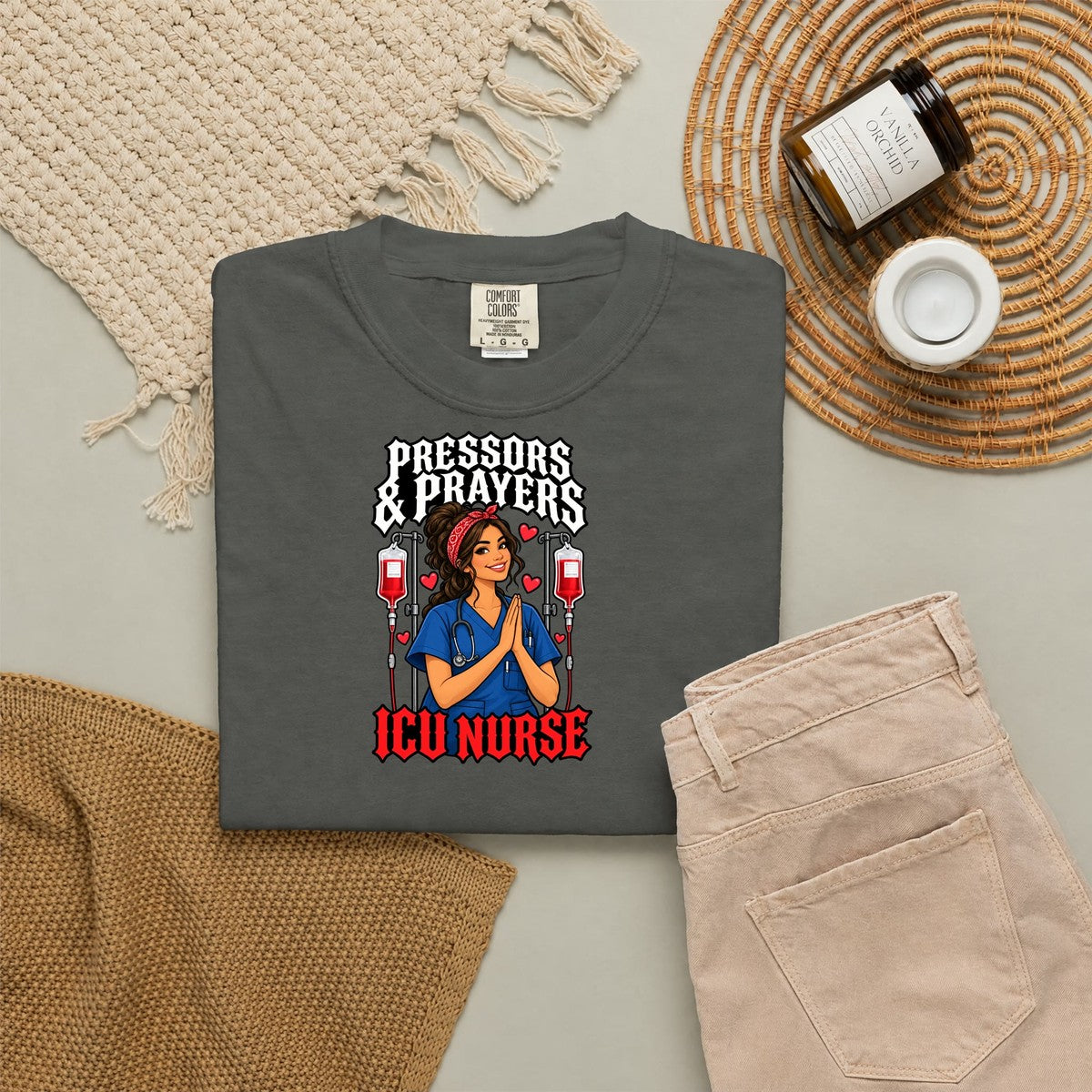 Pressors and Prayers ICU Nurse Tee (Long Waves)