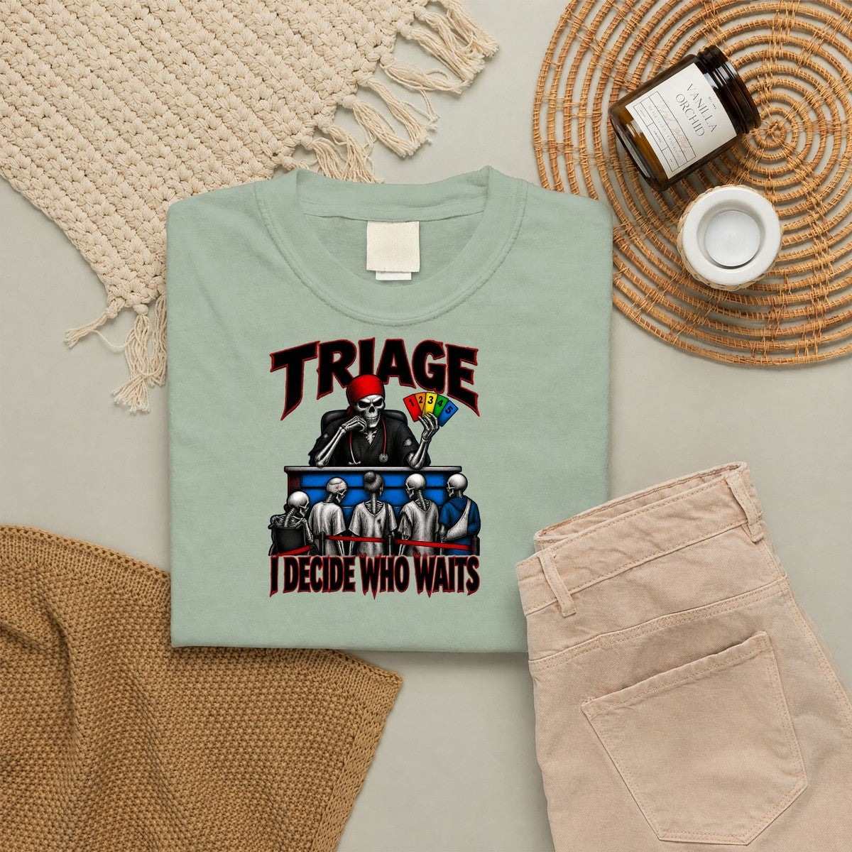 Triage I Decide Who Waits Skeleton ER Nurse Comfort Colors T-Shirt folded