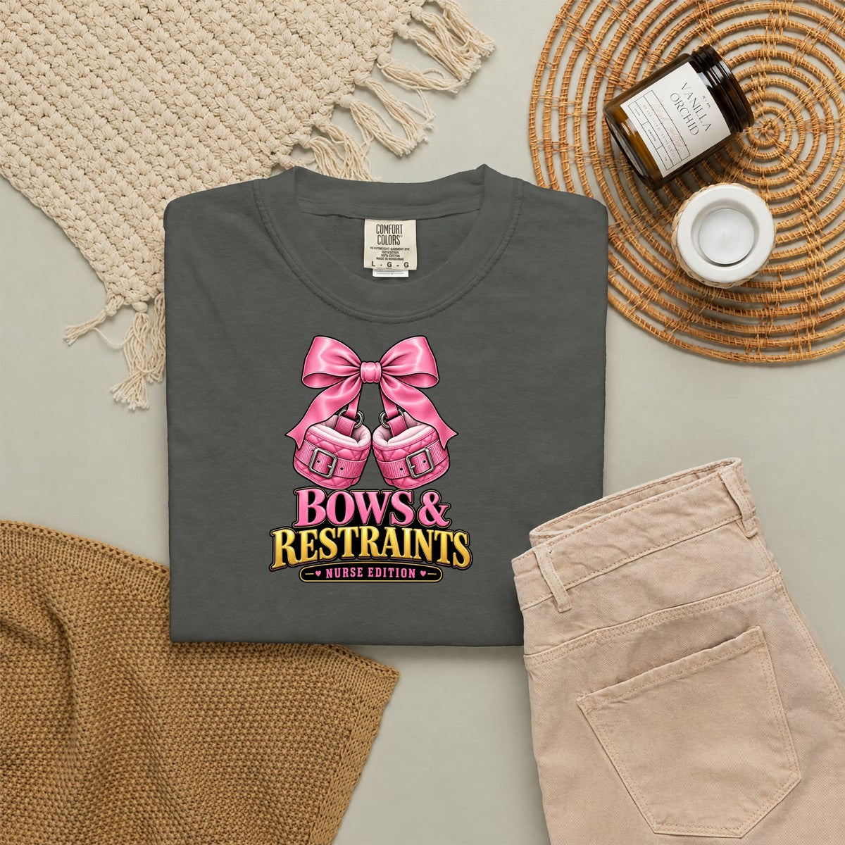 Bows and Restraints Nurse Edition Comfort Colors T-Shirt folded