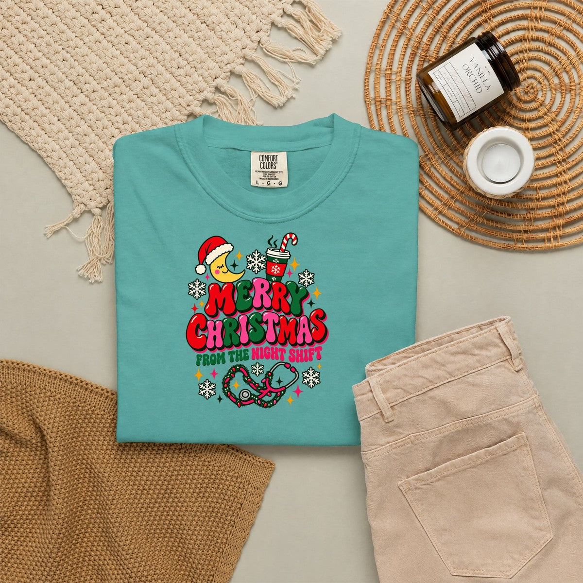 Merry Christmas From the Night Shift Nurse Comfort Colors T-Shirt folded
