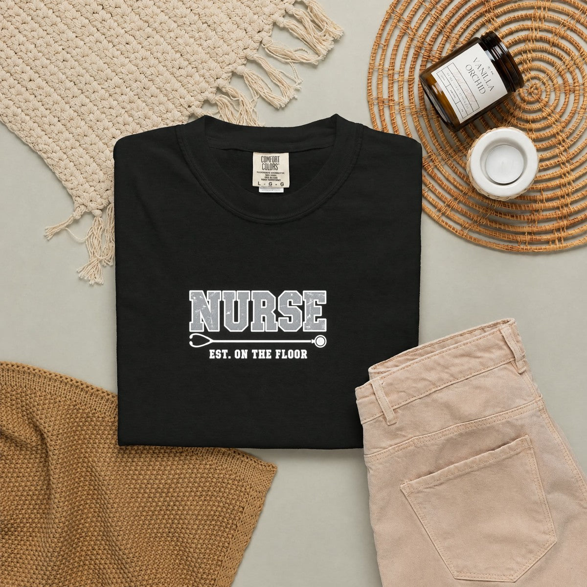 Nurse Varsity Est On the Floor Comfort Colors T-Shirt folded