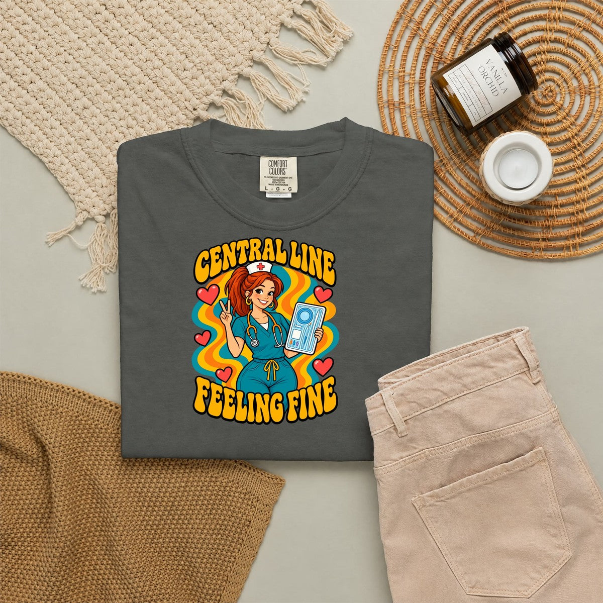 Central Line Feeling Fine ICU Nurse Tee (Red Ponytail)