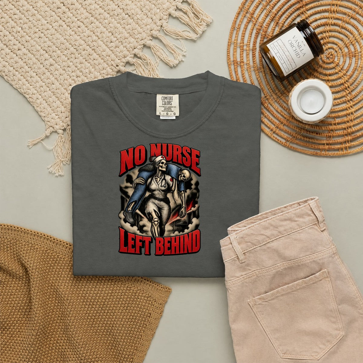No Nurse Left Behind Skeleton Nurse Comfort Colors T-Shirt folded