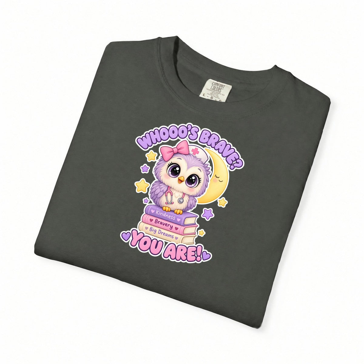 Whooo's Brave You Are Owl Peds Nurse Pink Comfort Colors T-Shirt folded