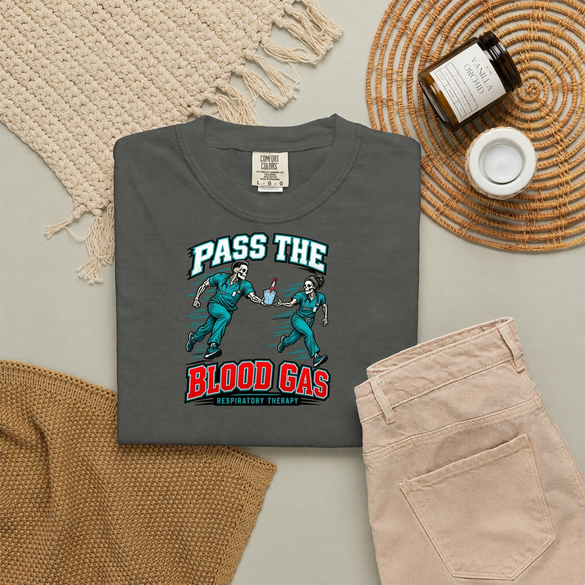 Pass the Blood Gas Male Skeleton Respiratory Therapist Comfort Colors T-Shirt folded
