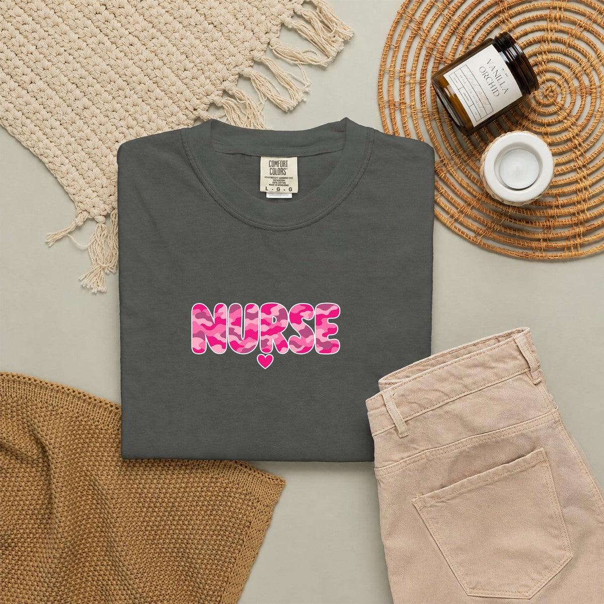 Nurse Pink Camo Comfort Colors T-Shirt folded