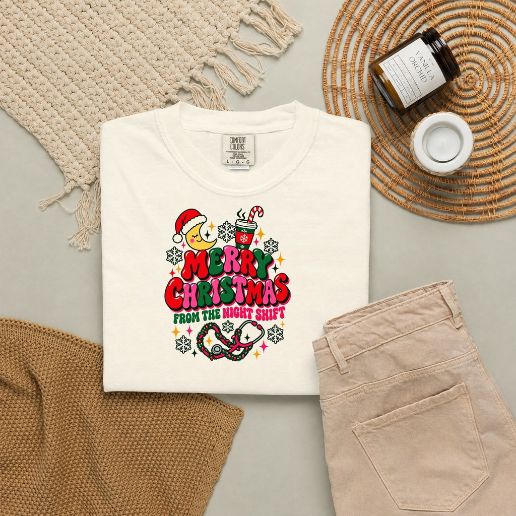 Merry Christmas From the Night Shift Nurse Comfort Colors T-Shirt folded