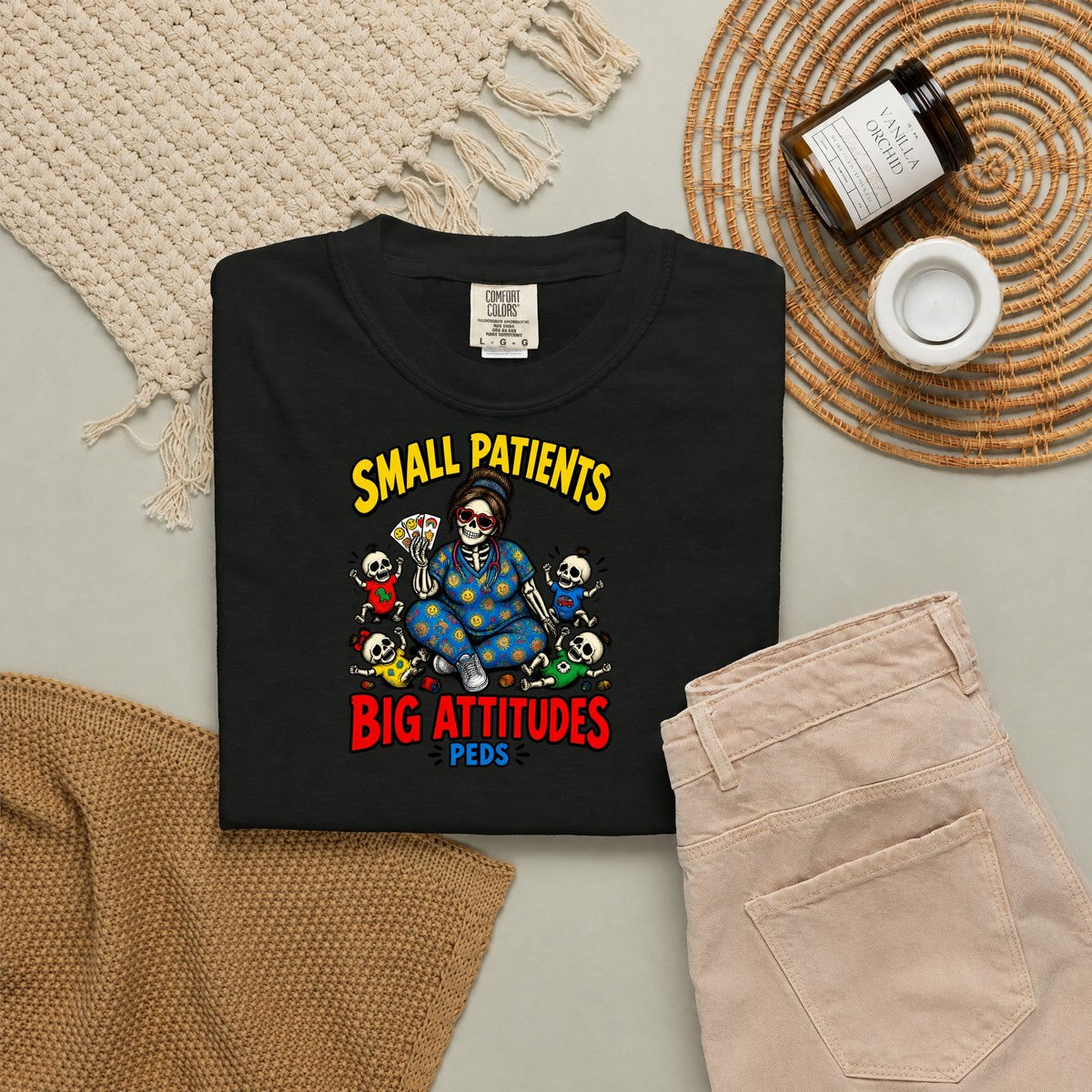 Small Patients Big Attitudes Skeleton Peds Nurse Comfort Colors T-Shirt folded