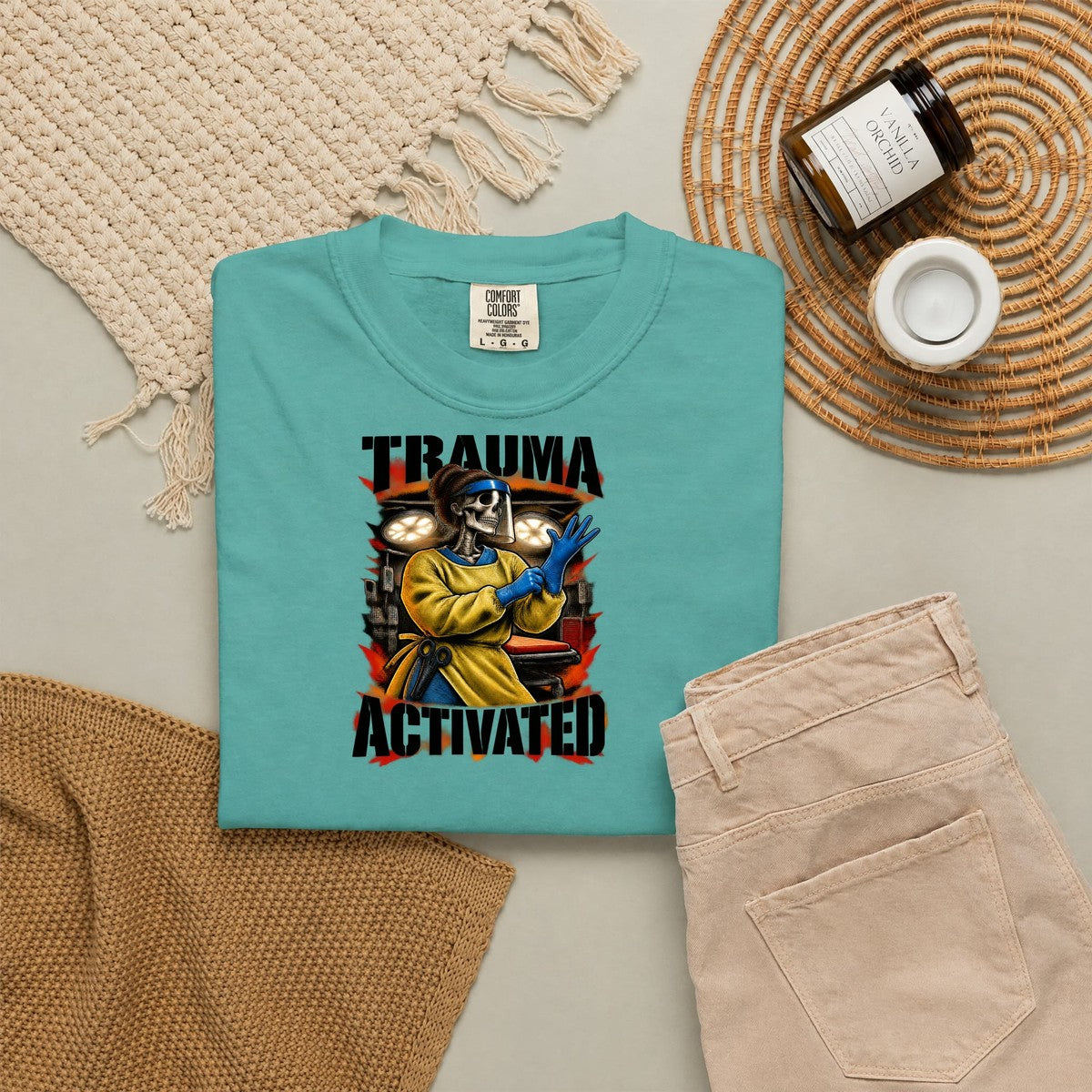 Trauma Activated Skeleton ER Nurse Comfort Colors T-Shirt folded