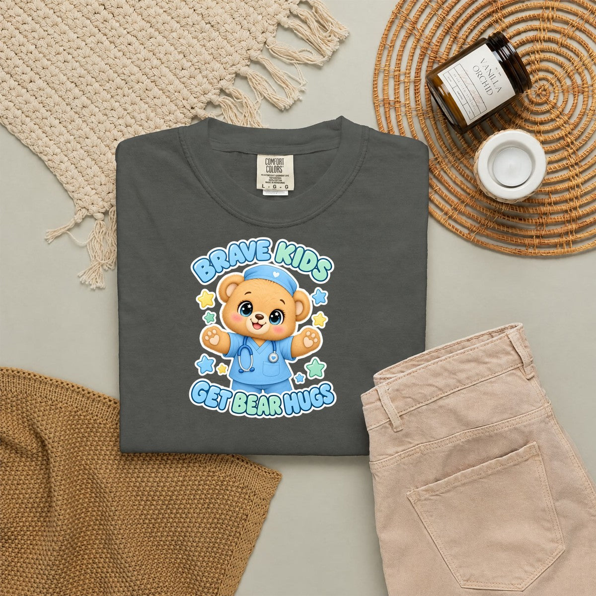 Brave Kids Get Bear Hugs Teddy Bear Peds Nurse Blue Comfort Colors T-Shirt folded