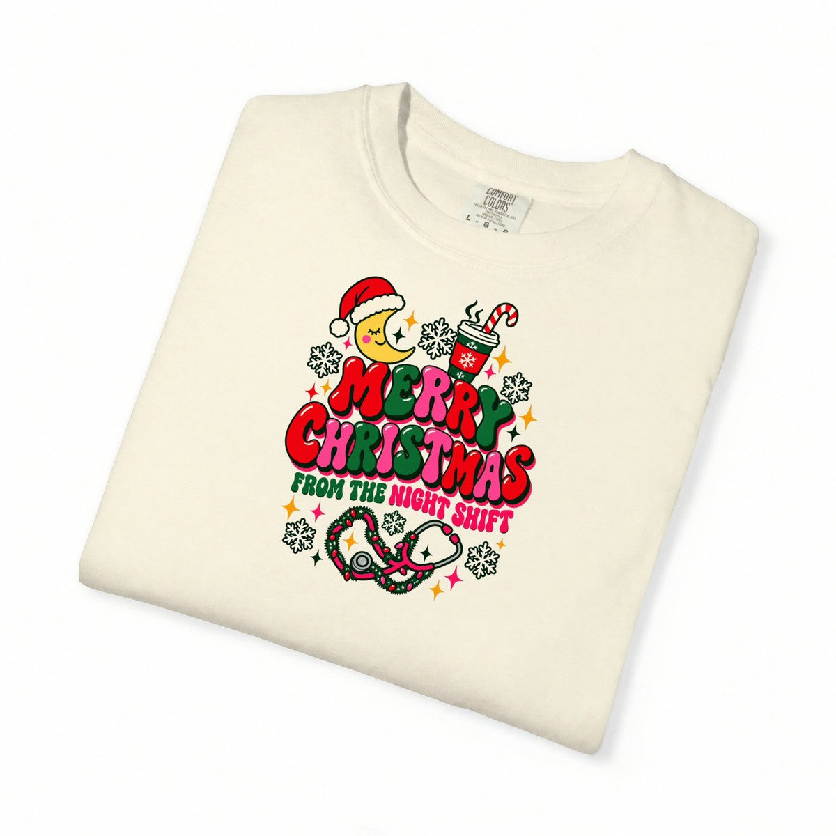 Merry Christmas From the Night Shift Nurse Comfort Colors T-Shirt folded