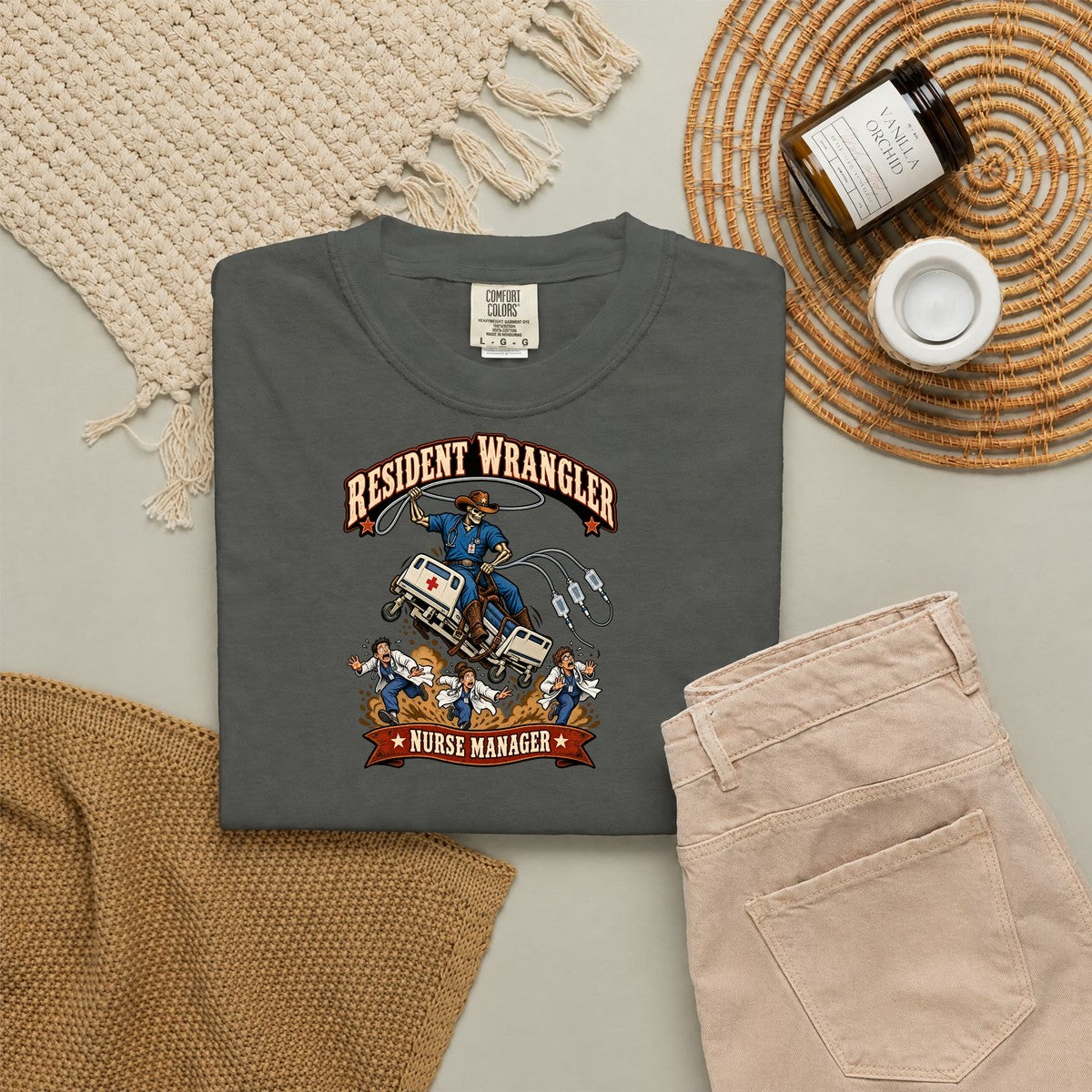 Resident Wrangler Cowboy Skeleton Male Nurse Manager Comfort Colors T-Shirt folded