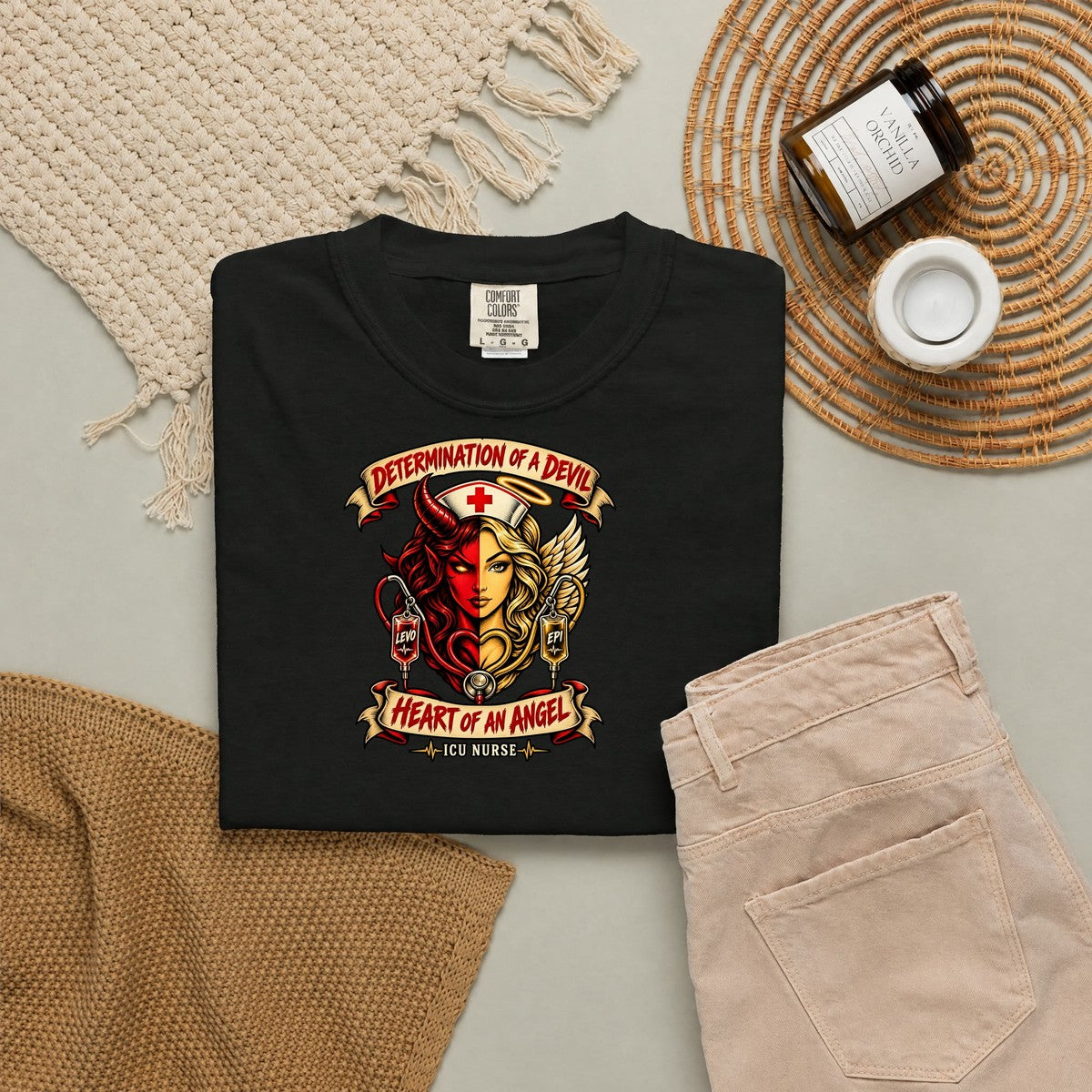 Determination of a Devil Heart of an Angel ICU Nurse Tattoo Badge Comfort Colors T-Shirt folded