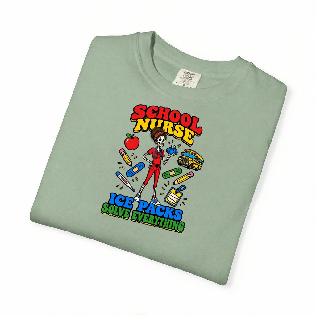 School Nurse Ice Packs Solve Everything Skinny Skeleton Comfort Colors T-Shirt folded