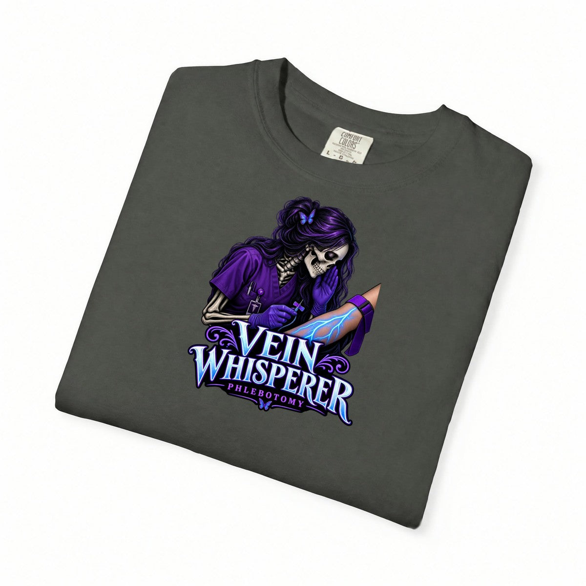 Vein Whisperer Skeleton Phlebotomist Comfort Colors T-Shirt folded