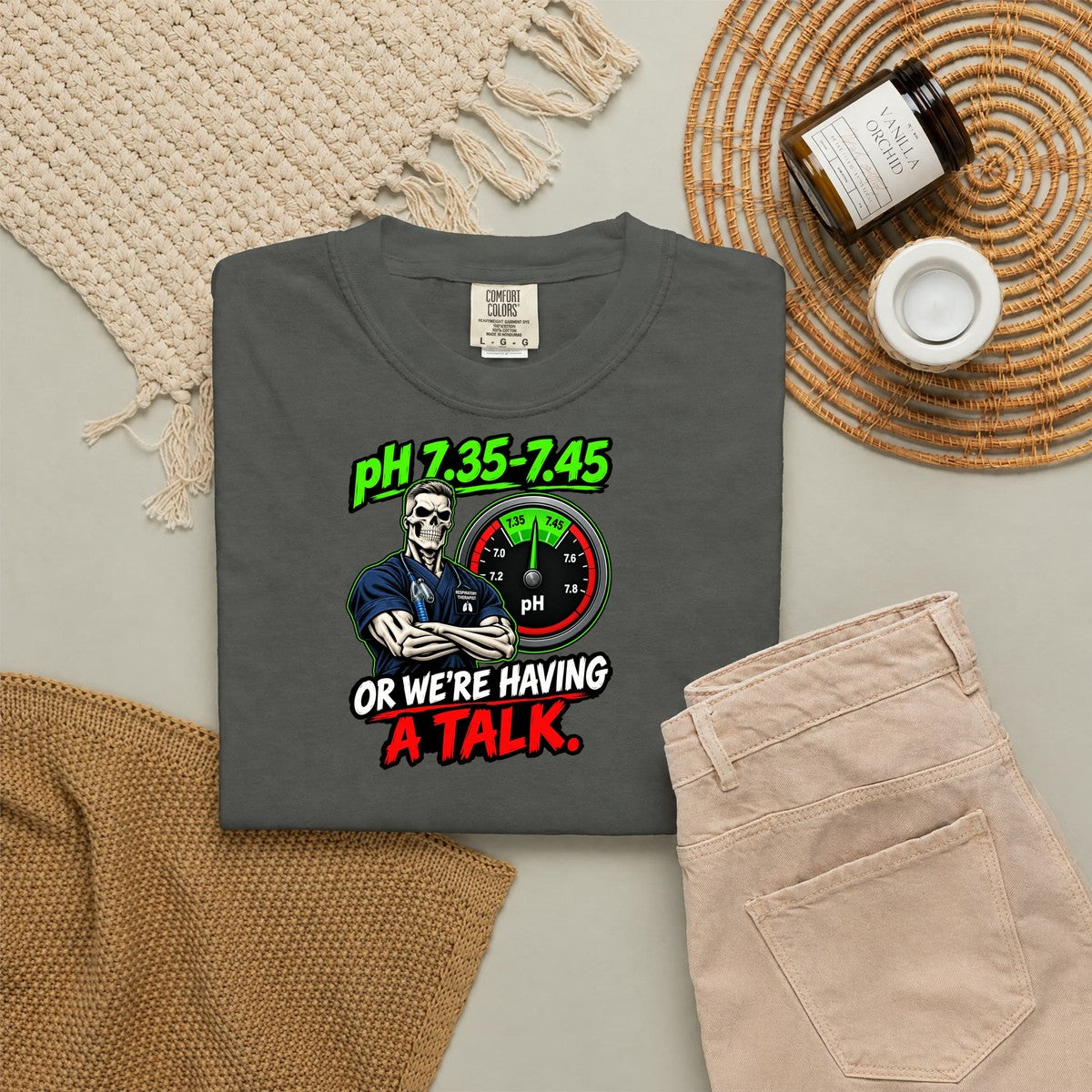pH 7.35-7.45 or We're Having a Talk Male Skeleton RT Comfort Colors T-Shirt folded