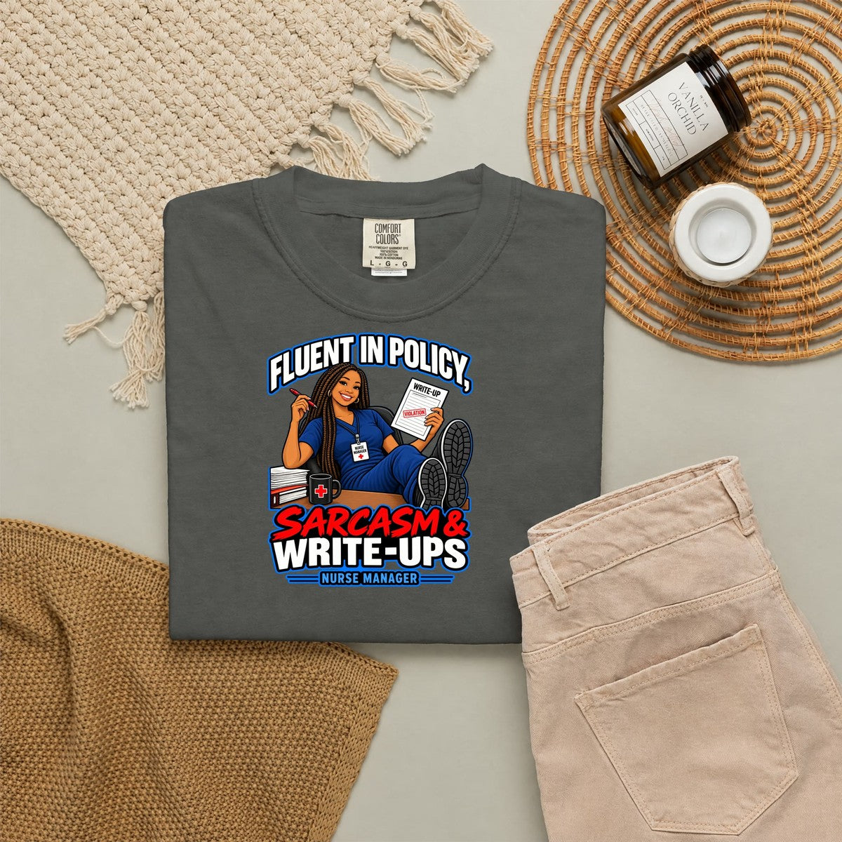 Fluent in Policy Sarcasm and Write-Ups Nurse Manager Tee (Braids)