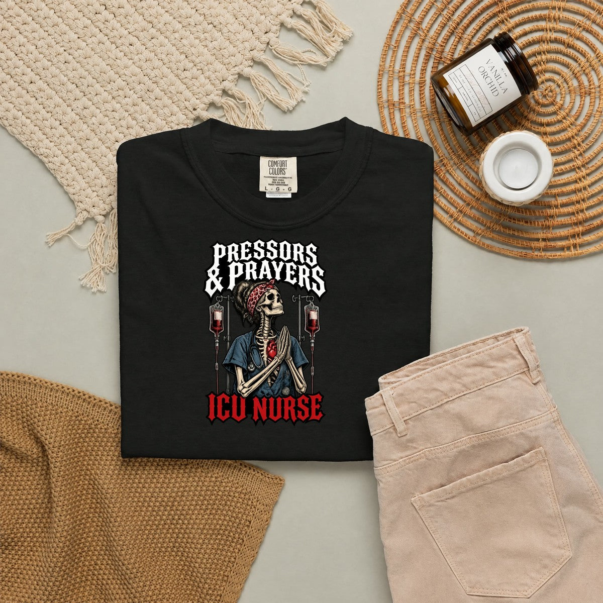 Pressors and Prayers Skeleton ICU Nurse Comfort Colors T-Shirt folded