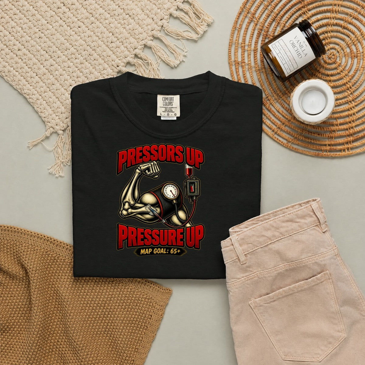 Pressors Up Pressure Up Skeleton ICU Nurse Comfort Colors T-Shirt folded