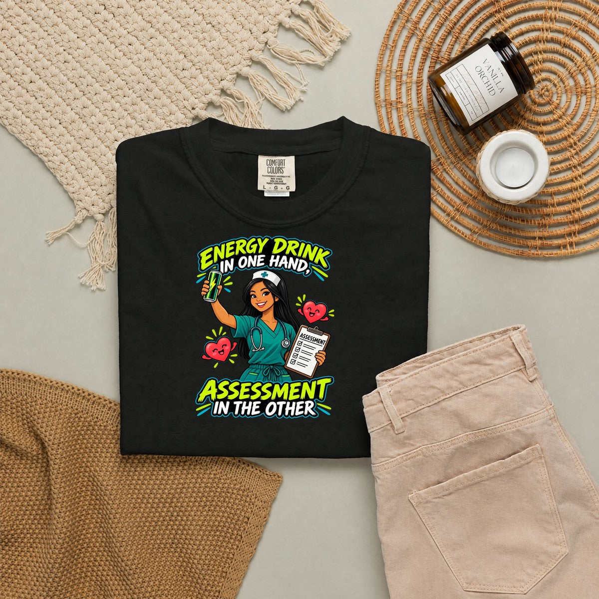 Energy Drink in One Hand Assessment in the Other Nurse Tee (Long Hair)
