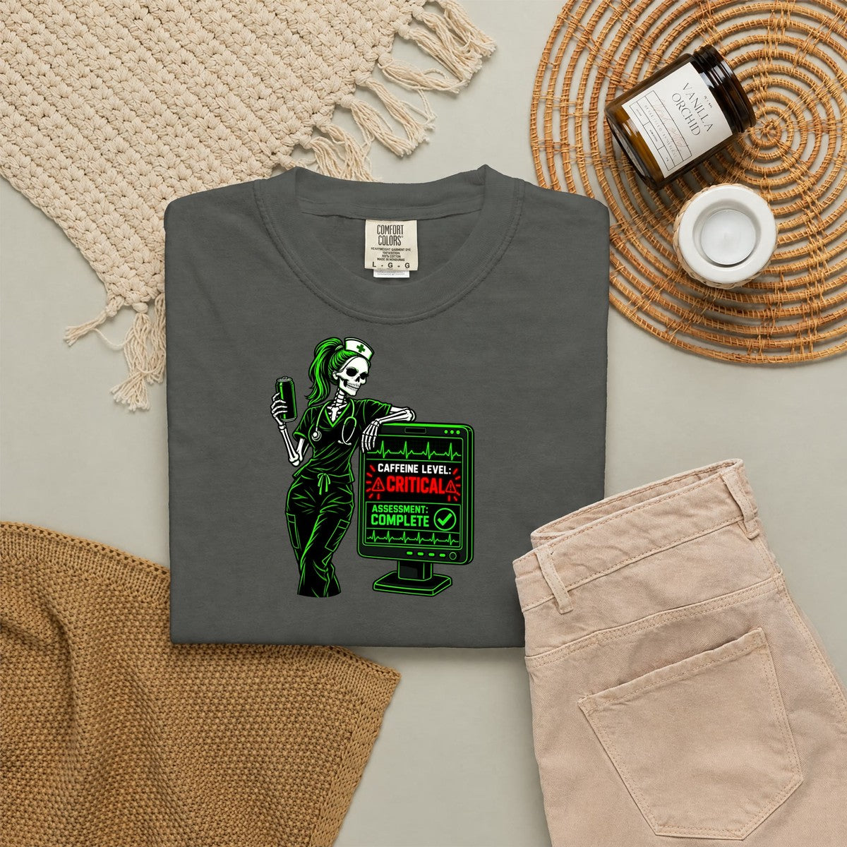 Caffeine Level Critical Assessment Complete Skeleton Nurse Comfort Colors T-Shirt folded