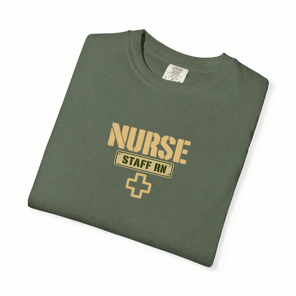 Nurse Military Stencil Staff RN Comfort Colors T-Shirt folded