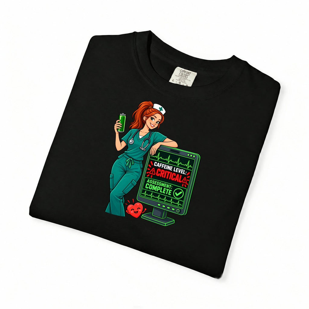 Caffeine Level Critical Assessment Complete Nurse Tee (Red Ponytail)